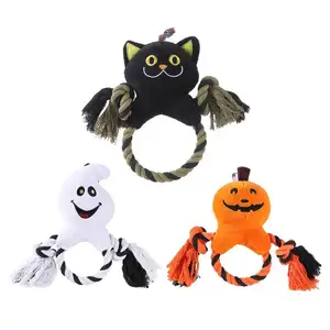 Diskon besar-besaran mainan anjing mewah anak anjing halloween premium mainan anjing boneka labu kucing hitam kustom mainan mewah tahan lama dengan tali