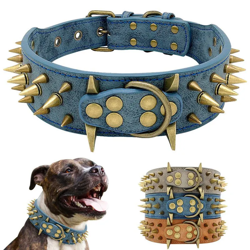 rivet Brass screw Spikes Large working dog collar Luxury Adjustable grey PU Leather Studded Spiked Dog Collar with Spikes