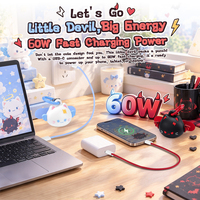 Kabel Pengisi Daya Cepat 60W 480Mbps 2-in-1 USB-C ke USB-C 60W untuk Ponsel, Desain Lucu Kucing Malaikat Iblis dengan Tali Pergelangan Tangan