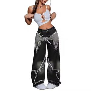 Jean cargo baggy en denim délavé à l'acide pour femme, style vintage, avec patchs étoiles et déchirures, collection Hot Sale - Product Image 1