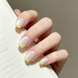 Uñas postizas de ABS hechas a mano, cuadradas medianas, con purpurina, estilo francés nude, para aplicación en dedos con pegamento, venta al por mayor. - Product Image 1