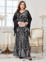 Robe de soirée sirène maxi pour femmes grandes tailles, manches longues, col en V, couleur unie, imprimé floral, broderie de paillettes, fermeture éclair au dos