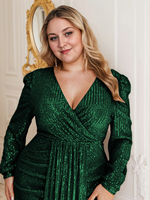 Robe de soirée moulante à sequins, col en V profond et manches longues, pour femmes européennes grandes tailles, idéale comme tenue de demoiselle d'honneur.