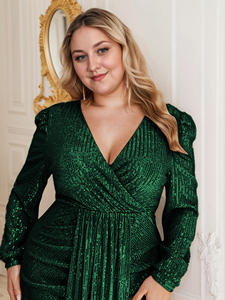 Robe de soirée moulante à sequins, col en V profond et manches longues, pour femmes européennes grandes tailles, idéale comme tenue de demoiselle d'honneur. - Product Image 6