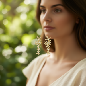 Orecchini pendenti E3606 con fiore dorato, zirconi e perle finte per donna, gioielli da festa - Product Image 2