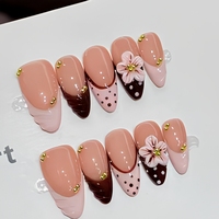 Faux ongles à presser faits main A680 Amande, motif floral dégradé, qualité salon