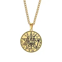 Collier pendentif en acier inoxydable AL243271, pendentif rond européen américain avec étoile à cinq branches, sceau de Salomon, kabbale, tendance