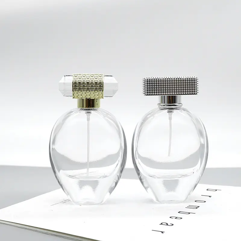 MUB yeni tasarım Oval şekilli 75ml kalın şeffaf cam sıkma parfüm şişesi zarif Parfum şişe