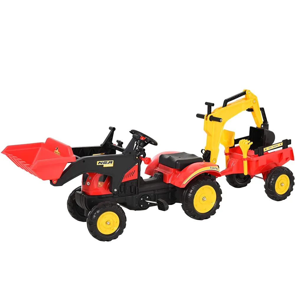 Trator de pedal para crianças, trator de brinquedo para carro, escavadeira com balde removível