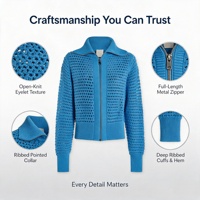 Cardigan zippé en maille ajourée pour femme, pull ajouré léger avec bordure côtelée, idéal pour la superposition, OEM ODM, vente en gros, faible MOQ