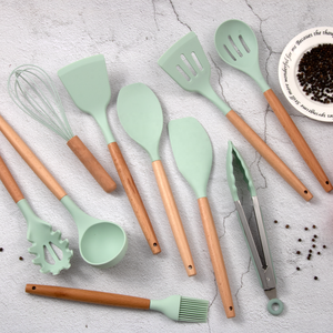 Juego <span class=keywords><strong>de</strong></span> utensilios <span class=keywords><strong>de</strong></span> <span class=keywords><strong>cocina</strong></span> <span class=keywords><strong>de</strong></span> silicona <span class=keywords><strong>de</strong></span> 12 piezas al por mayor con mango <span class=keywords><strong>de</strong></span> madera, que incluye espátula y utensilios para remojar - Product Image 4