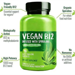Complément alimentaire végétalien B12 (infusé à la spiruline) en vente chaude OEM - 1000 MCG de méthylcobalamine, 90 capsules faciles à avaler - Product Image 1