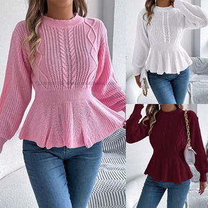 Fall/Winter Solid Color Twisted Waistline Ruffled Long-Sleeve <b>Pullover</b> <b>Sweater</b> Fashion - Product Image 2