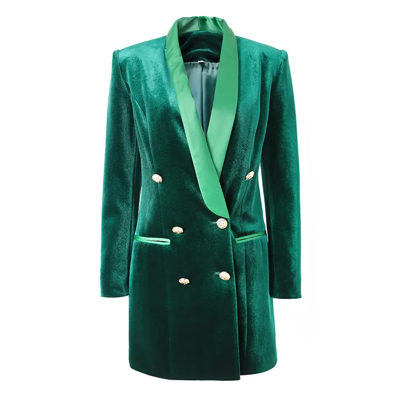 Newest Designing Fall Winter Vintage Satin Shawl Collar Green Velvet Loose Straight Street Women Quality Blazer Dress