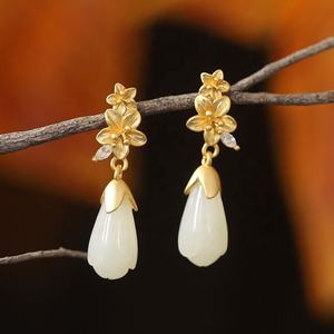 Pendientes de Plata de Ley S925 con Baño de Oro, Circonita, Jade Hetian, Estilo Étnico Retro, Flor de Loto y Magnolia, para Mujer, Moda, Colgantes - Product Image 2