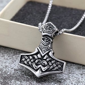 yunnique Vintage Stainless Steel Men's Thor Hammer Pendant <b>Necklace</b> With <b>Celtic</b> Knot Design For Gift And Clothing Matching - Product Image 2