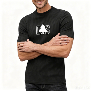 Camiseta de cuello redondo con logo personalizado, corte muscular, mezcla de algodón y spandex de alta calidad, suave y elástica, para hombre. - Product Image 3