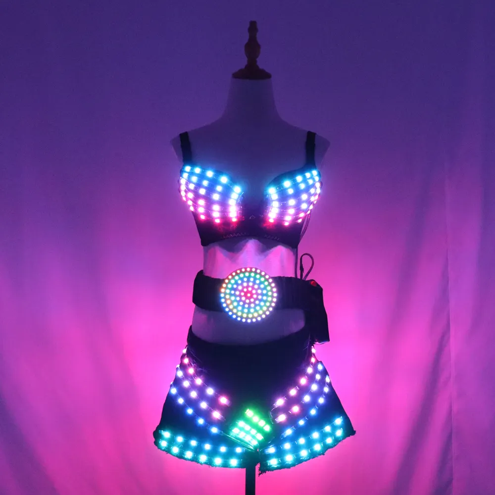 Jupe de fête lumineuse à LED pleine couleur Costumes de danse de salon pour filles sexy pour adultes Costume de soutien-gorge unisexe DJ DS