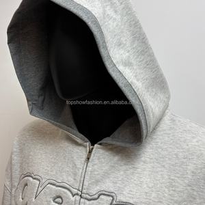 TOPSHOW Custom <b>3D</b> Logo French Terry 100% Cotton Oversized Heavyweight Drop Shoulder <b>3D</b> Logo Puff Embroidery Zip up <b>Hoodie</b> - Product Image 2