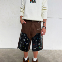 Shorts en jean streetwear pour hommes, personnalisés, en gros, avec patchs en cuir surdimensionnés, de haute qualité, ornés de cristaux, style designer