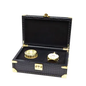 High End Customized Crafts Case Cosmetic Luxury Black Pu Leather Wooden Boxes