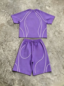 Ensemble T-shirt court à manches courtes et short pour homme, motif géométrique violet, coupe classique, col rond, tricoté, sportif, séchage rapide - Product Image 3