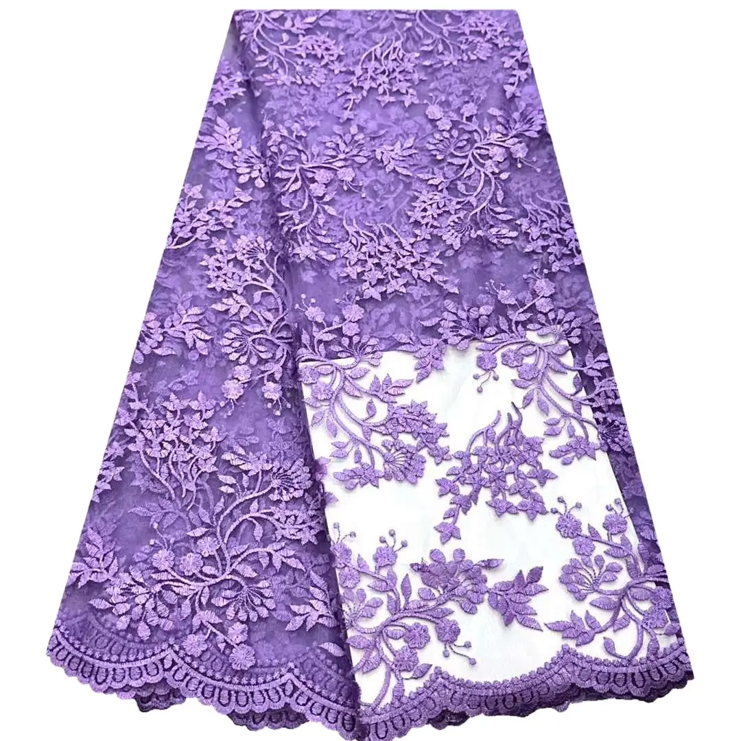 Tissu violet africain brodé tulle maille double couleur jacquard robe 3d dentelle florale plaine velours femmes tissu 5 Yards