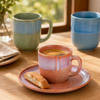 Service de table en grès réactif avec bordure émaillée, couleurs terre multiples, assiettes, bols et tasses en céramique résistantes aux éclats pour café, hôtel, vente en gros