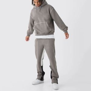 Wash <b>Grey</b> Contrast Topstitch <b>Hoodie</b> Panel Spliced Flared Pants Layered Visual Effect Custom Wash <b>Men</b> Two Piece Tracksuit - Product Image 1