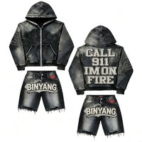 Costume à capuche personnalisé pour homme avec insigne en jean vintage imprimé de lettres en éponge de style vintage antique pour l'hiver