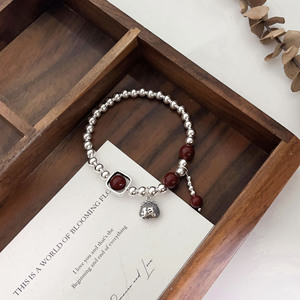 S925 Sterling Silver Cinnabar <b>Bead</b> <b>Bracelet</b> With Fortune Charm Geometric Design Women's Everyday Wear Jewelry - Product Image 2