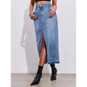 Falda Larga Vaquera Fisoew para Mujer, Cintura Alta, Corte Lápiz con Abertura, Estilo Urbano - Product Image 3