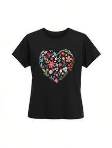 T-Shirt da Donna con Cuore Floreale, Manica Corta, Collo Tondo, 100% Cotone, Casual, Primavera-Estate, Comoda, in Jersey con Design Stampato - Product Image 1