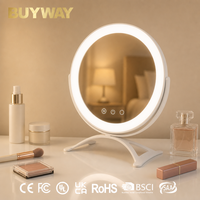 Miroir de maquillage rond blanc avec anneau lumineux givré fermé, support arqué inclinable, miroir de vanité LED de table avec gradation tricolore