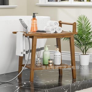 Tabouret de salle de bain en bois à double niveau avec rangement pour serviettes et étagère pour usage domestique - Product Image 2