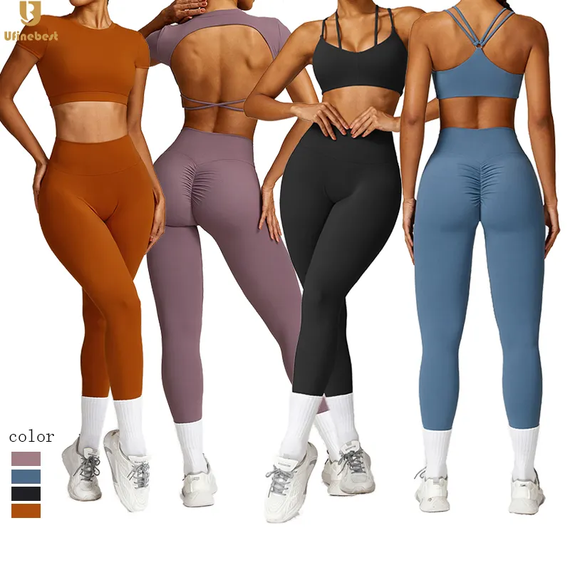2024 Quick Dry Sports Suit Crop Top Straps Bra High Waist Leggings 3 Piece Suit Running Workout Women Clothing Gym Fitness Yoga