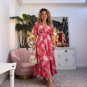 Plus Size Floral V-Neck <b>Dress</b> <b>Elastic</b> Waist Long Beach Vacation Cover Up Loose Maxi <b>Dress</b> - Product Image 1