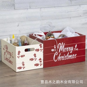 Christmas Storage Box Rectangular Red Wood Merry Christmas Pattern Desktop Organizer Decorative <b>Crate</b> - Product Image 4