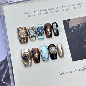 Nuevo Producto Lanzado, <span class=keywords><strong>Uñas</strong></span> Postizas de Lujo con Diseño de Flor en Dorado y Azul Oscuro - Estilo de Alta Gama - Hechas a Mano - Product Image 4