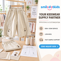 Pantalon large personnalisé Smiledotkids pour enfants, beige, avec bord festonné, boutons, taille élastique, OEM ODM, vente en gros pour tout-petits