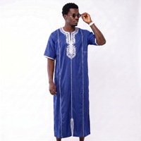 Robe marocaine à manches courtes en polyester pour hommes africains, broderie marocaine bleue, vêtements ethniques pour hommes, vêtements musulmans pour tous les jours, toutes saisons