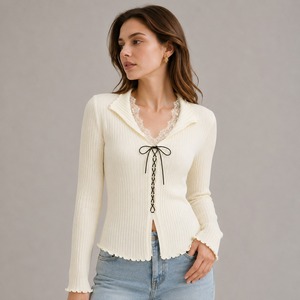 Vintage Fitted Woven 100% Silk Eco-Friendly <b>Cardigan</b> with <b>Lace</b> up Front Scallop Hem Lantern Sleeve for Color Autumn Wear - Product Image 1