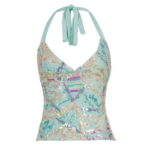 Vacation Breathable Floral Knitted Sweet Halter <b>Top</b> with Back Tie Cute <b>Sequined</b> Sleeveless Blouse - Product Image 6
