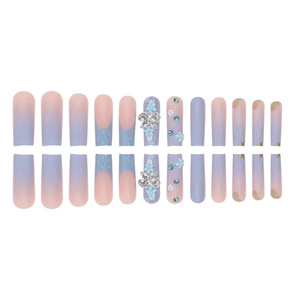 24 Uds flor <span class=keywords><strong>azul</strong></span> mariposa brillante <span class=keywords><strong>Rosa</strong></span> largo cuadrado <span class=keywords><strong>uñas</strong></span> postizas diseño estilo Press-on Stick-on Nails para dedos - Product Image 4