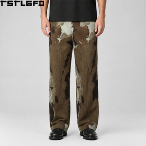 Pantalones Plisados de Camuflaje Personalizados para Hombre, Color Marrón Crema, Estampado de Tonos Tierra, Pierna Recta, Cintura Elástica, Estilo Urbano Y2K, Venta al Por Mayor - Product Image 1