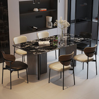 Ensemble de table à manger moderne en acier inoxydable noir avec plateau en pierre frittée, aspect marbre de luxe, base sur piétement octogonal, meubles de salon