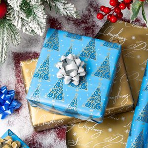Reversible Blue Christmas Wrapping <b>Paper</b> <b>Roll</b> 17 In x 32.8 Ft Double Side Gift <b>Wrap</b> for Holiday Crafting - Product Image 4