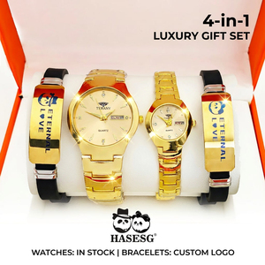 Ensemble cadeau de montres personnalisées pour <span class=keywords><strong>couple</strong></span> avec bracelets gravables |   Paire de montres en alliage avec logo personnalisé, jour et date, pour anniversaire - Product Image 1