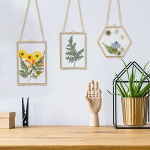 Gran oferta, <span class=keywords><strong>marcos</strong></span> de <span class=keywords><strong>flores</strong></span> prensadas verticales transparentes doradas <span class=keywords><strong>con</strong></span> cadena, marco de fotos flotante de vidrio transparente doble de cobre - Product Image 6