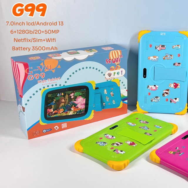 G99 7 Inch Kids Tablet with 2 Sim Card Slot Stand Android 13 6+128GB Shockproof Smart Tablet for Children Gaming Learning Gifts